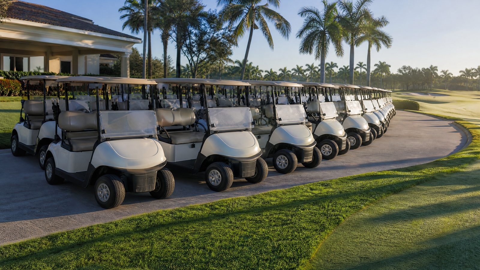 Golf course fleet carts lined up for fleet buyout